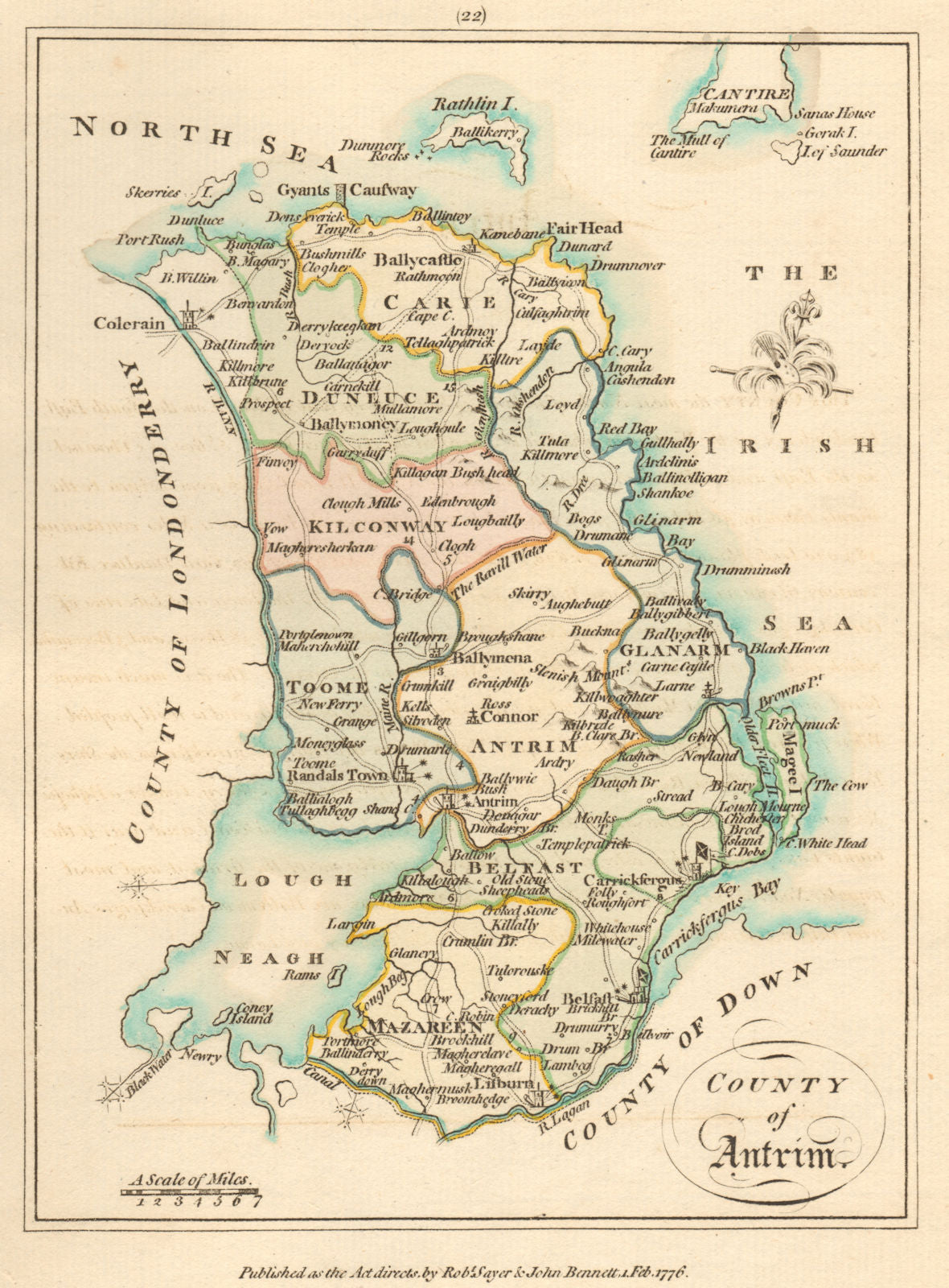 County of Antrim, Ulster. Antique copperplate map by Scalé / Sayer 1776